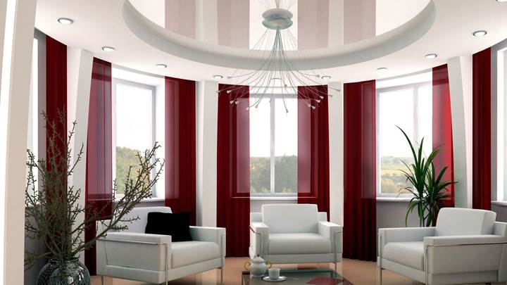 White Sofa with Red Curtain And White Background